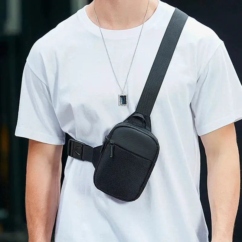 Mini Chest Bag; black nylon waterproof crossbody bag for outdoor running and travel