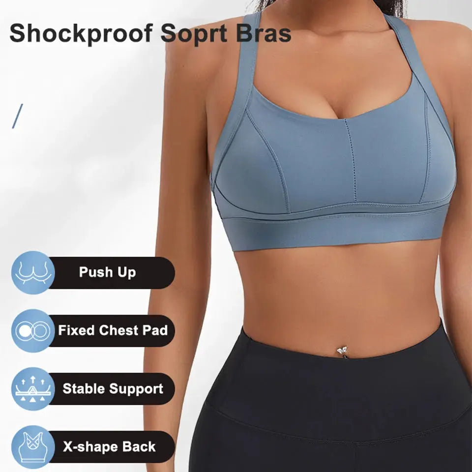 Simples Market women's blue high-impact sports bra with criss-cross back, padded cups, and stable support