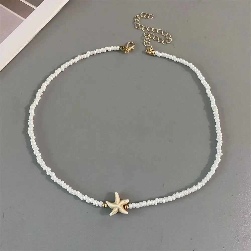 Shell Starfish Seed Beads Choker Necklace For Women Handmade Summer Vacation Gift White Jewelry