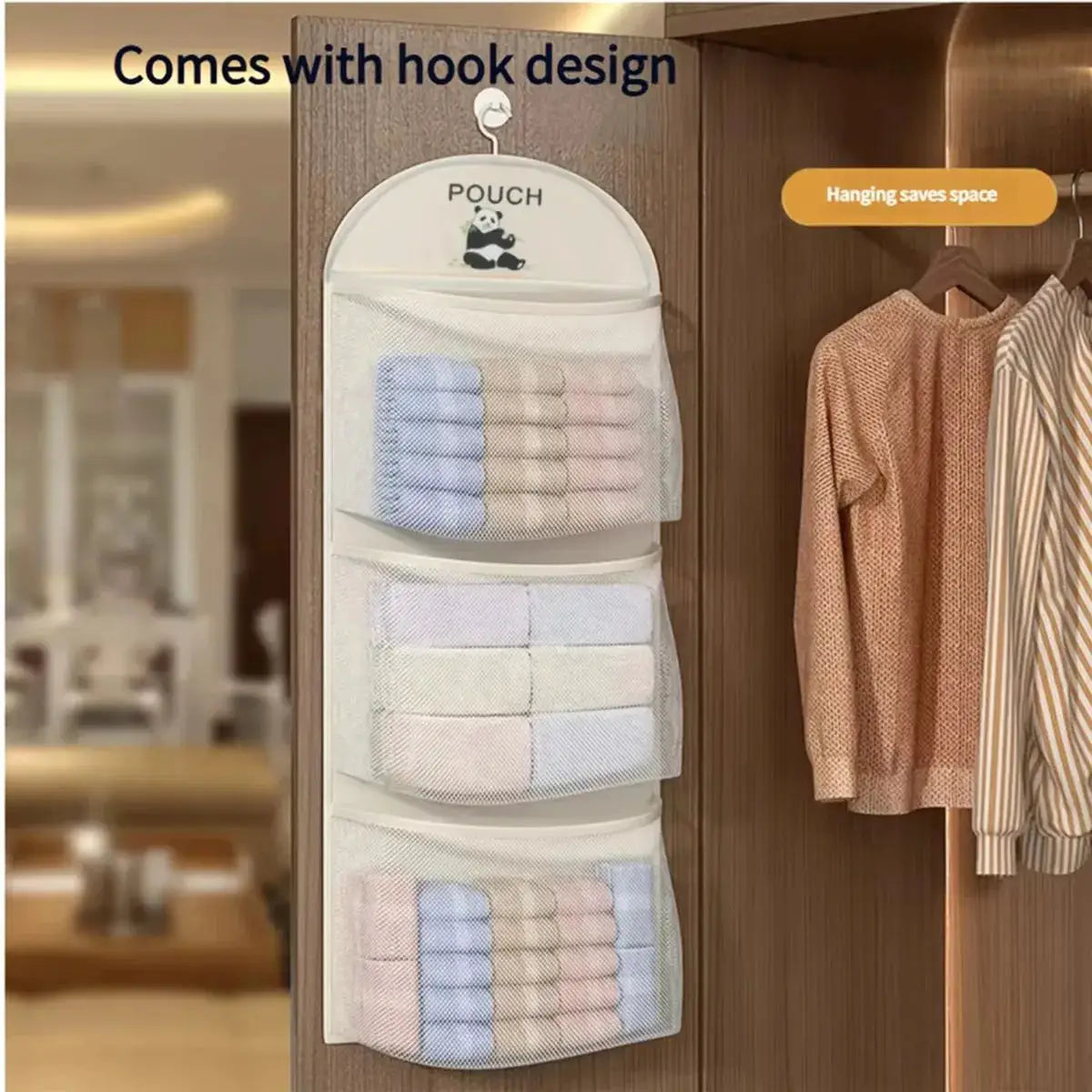 Simples Market hanging mesh storage bag for underwear; multilayer wardrobe organizer with net pockets.