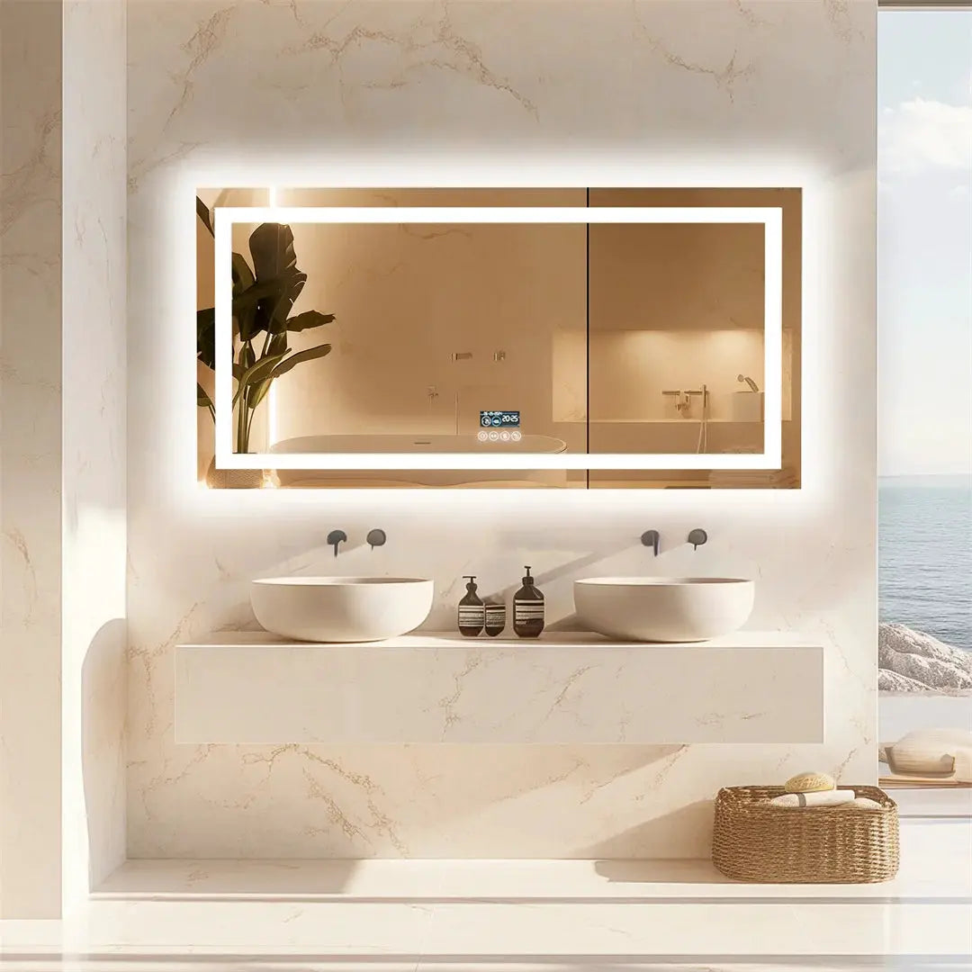LUVODI large rectangular Bluetooth bathroom mirror with LED light and anti-fog, cream marble vanity