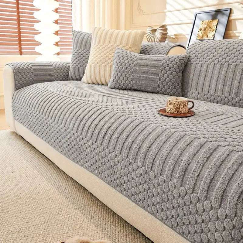 Thick warm geometric jacquard fleece sofa cover in gray with anti-slip backing by Simples Market for living room couches