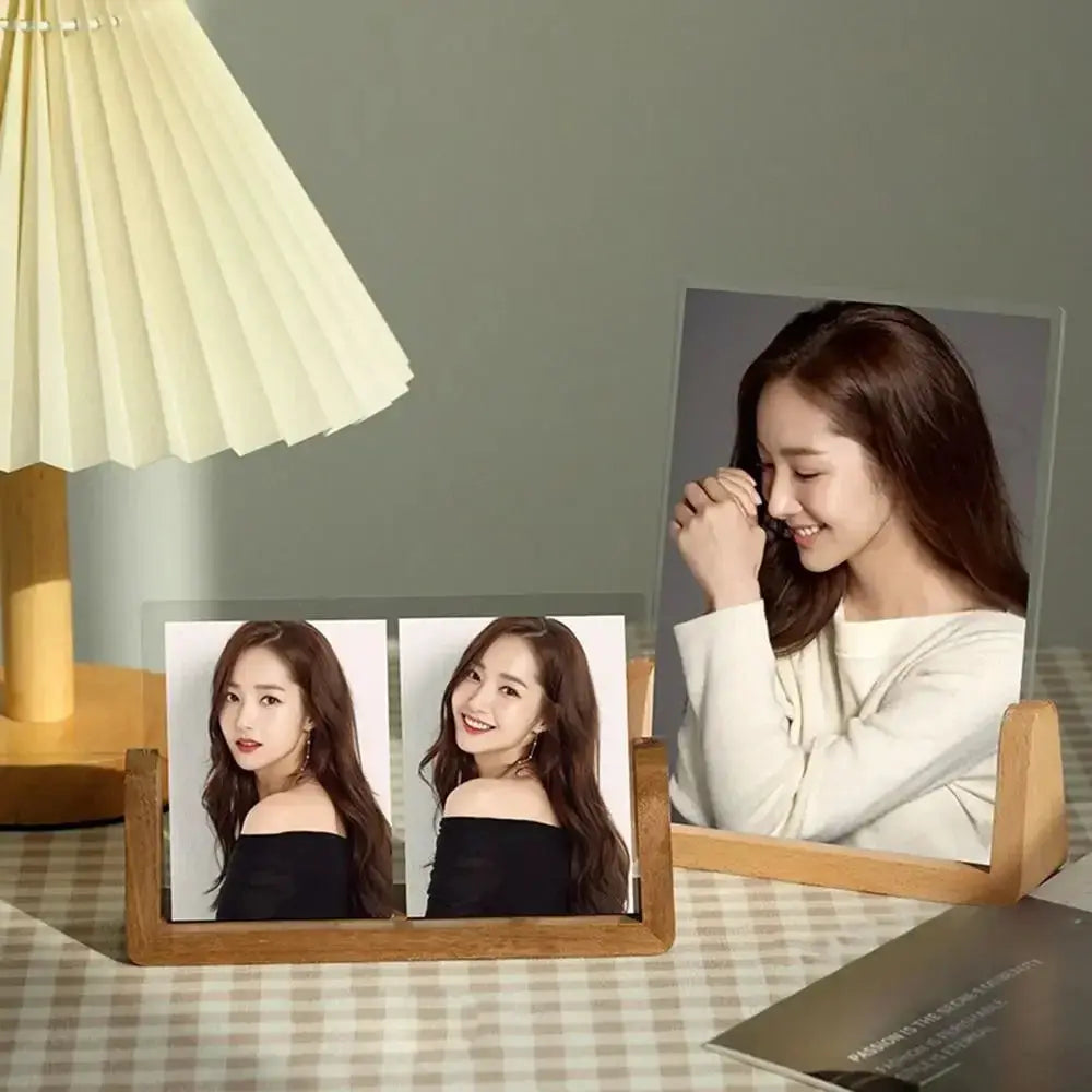 Walnut/Beech wooden U-shaped photo frame with clear acrylic back; desktop display for three photos