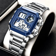 LIGE digital men's watch with blue bezel and stainless steel band, water resistant 30M