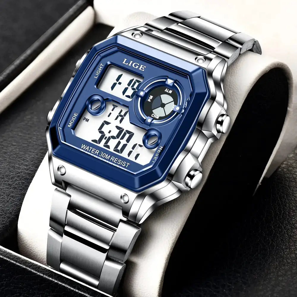 LIGE digital men's watch with blue bezel and stainless steel band, water resistant 30M
