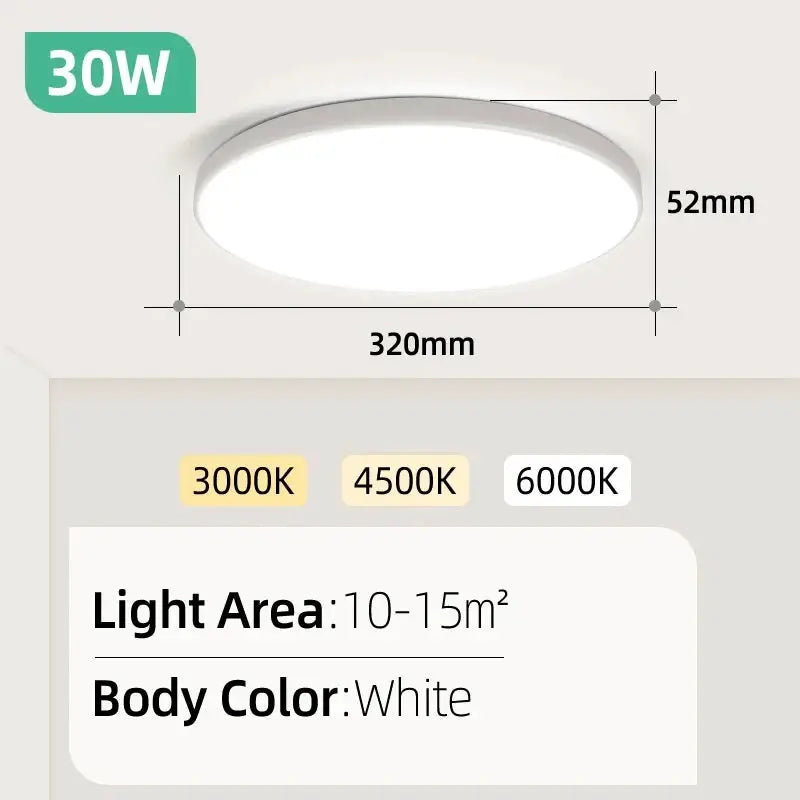 Simples Market 30W LED ceiling lamp, white ultra-thin panel, 320mm diameter, 52mm thick; 3000K–6000K color temps.