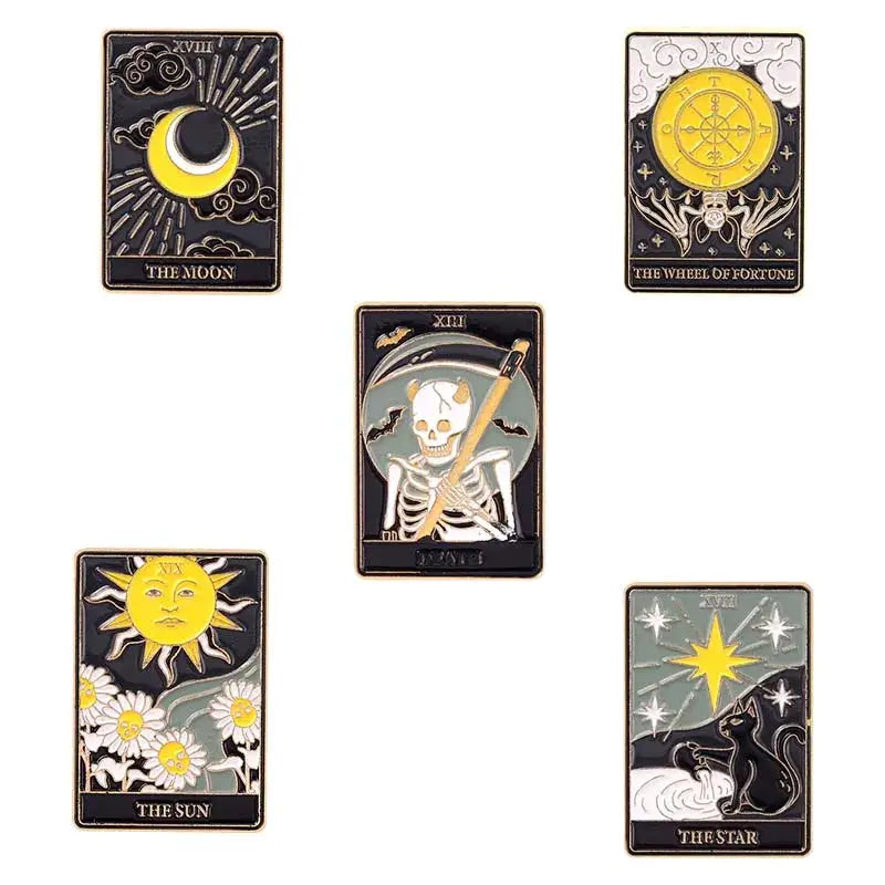 Enamel Pins Set Three To Five Pieces Tarot Cards Night Sky Black Cat Brooch Lapel Pin Punk Gothic Jewelry Gift