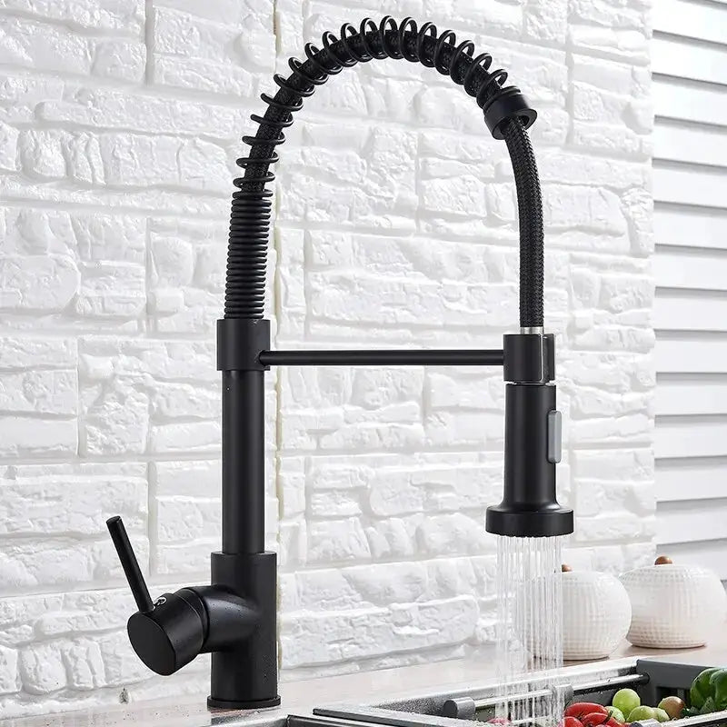 Black spring-coil kitchen faucet, deck-mounted mixer with pull-down spray and 360° rotation.