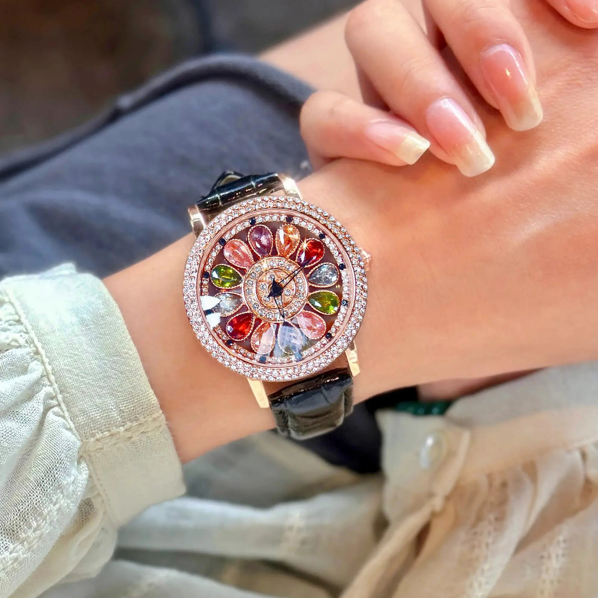 LustreTime Womens Quartz Watch With Colorful Rhinestone Inlay And Alluring Rotatable Dial Durable Construction
