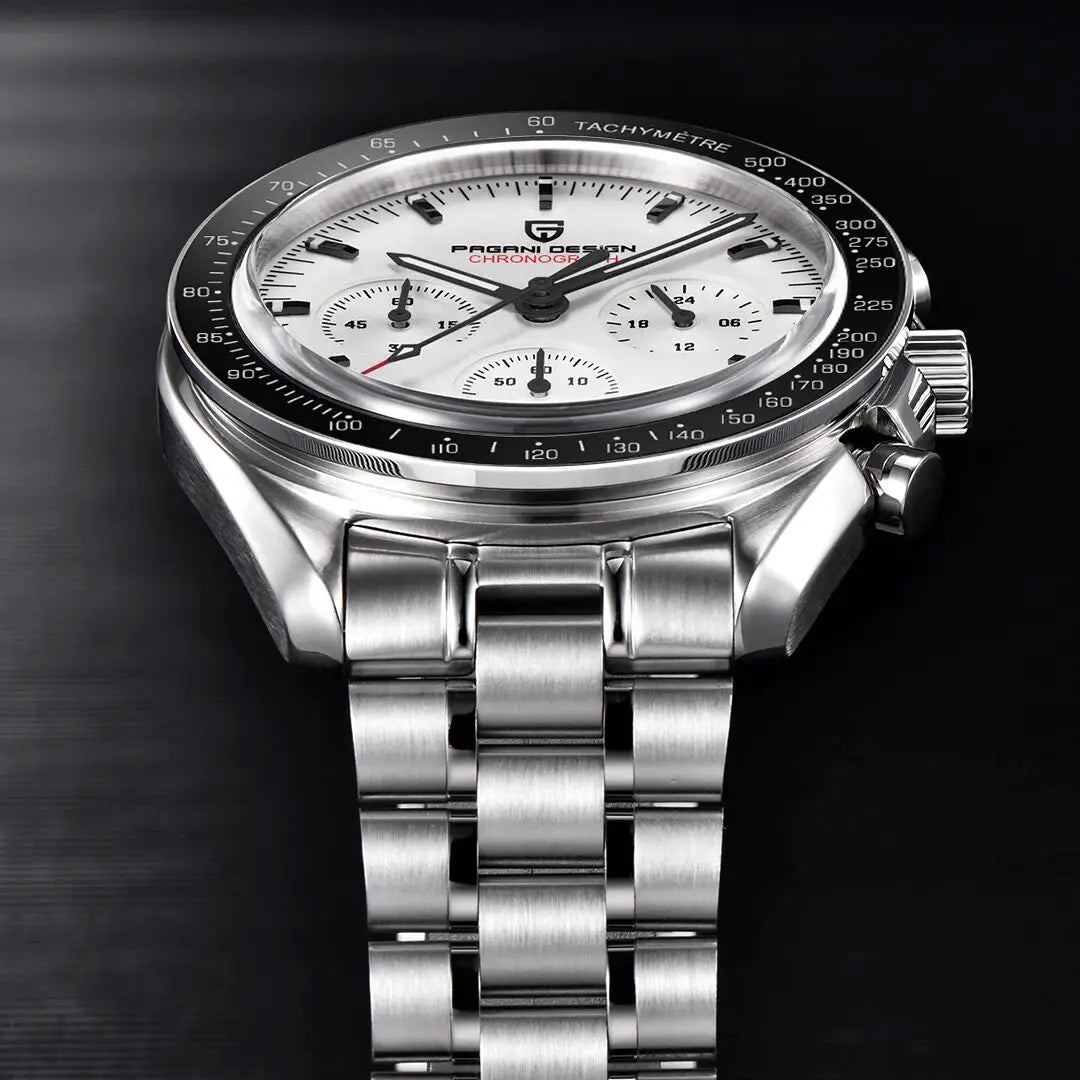 Pagani Design chronograph watch with stainless steel bracelet, white dial, AR sapphire crystal and tachymeter bezel