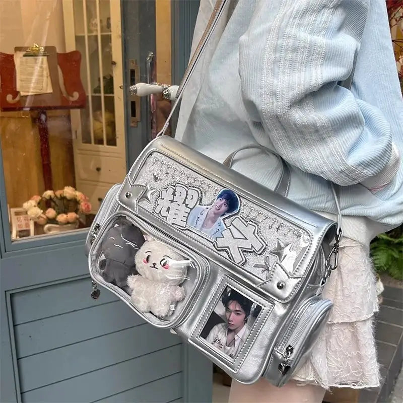 Ita bag by Simples Market, silver Y2K crossbody with transparent pockets, large capacity, plush keychain