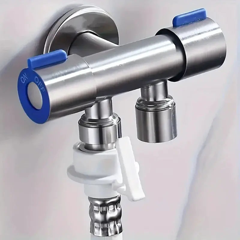 Stainless steel angle valve with 1 inlet and 2 outlets and dual blue control handles by Simples Market
