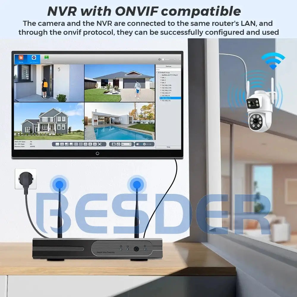 BESDER 4K 8MP WiFi outdoor PTZ security camera with dual lenses; Simples Market, shown with an NVR and monitor displaying four feeds