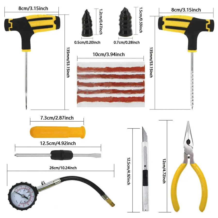 Auto tire repair kit by Simples Market with yellow/black tools, plug strips, glue, knife, needle, pliers, gauge
