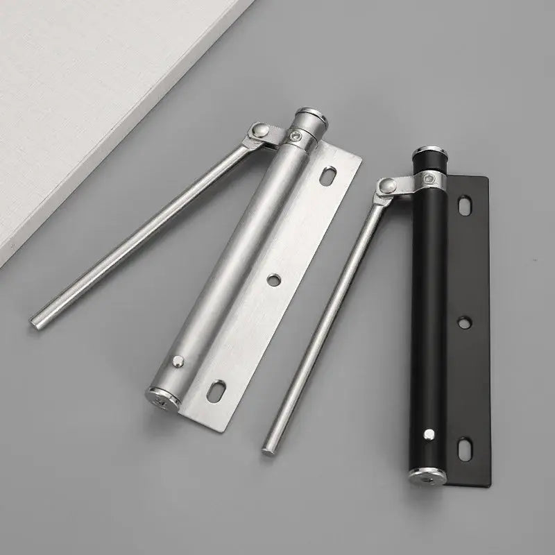 Automatic door closers (2) in silver stainless steel and black finish with mounting plates