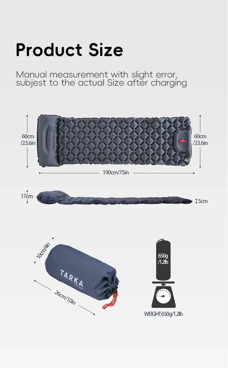 TARKA inflatable camping mat with pillow, navy blue self-inflating sleeping pad, Simples Market.