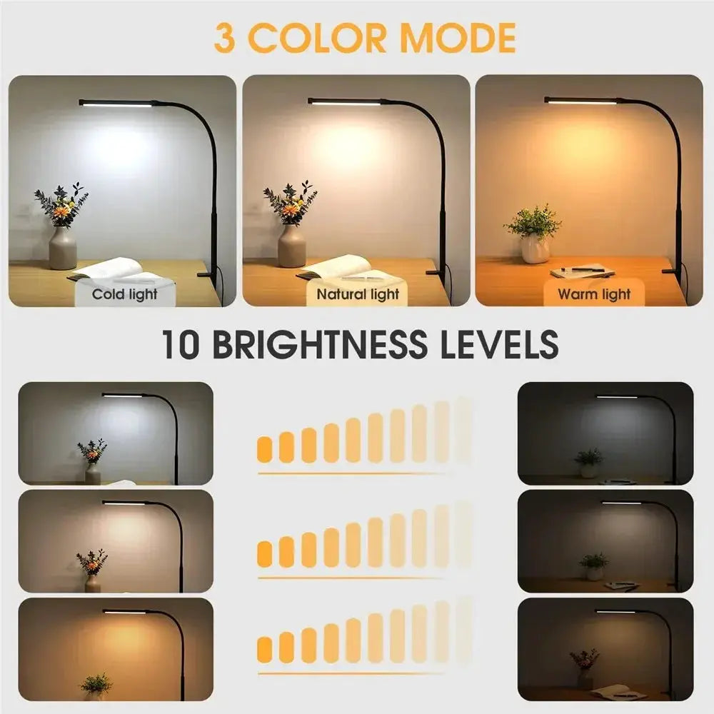 LED desk lamp with adjustable gooseneck, eye-care lighting, 3 color modes (cold, natural, warm) and 10 brightness levels