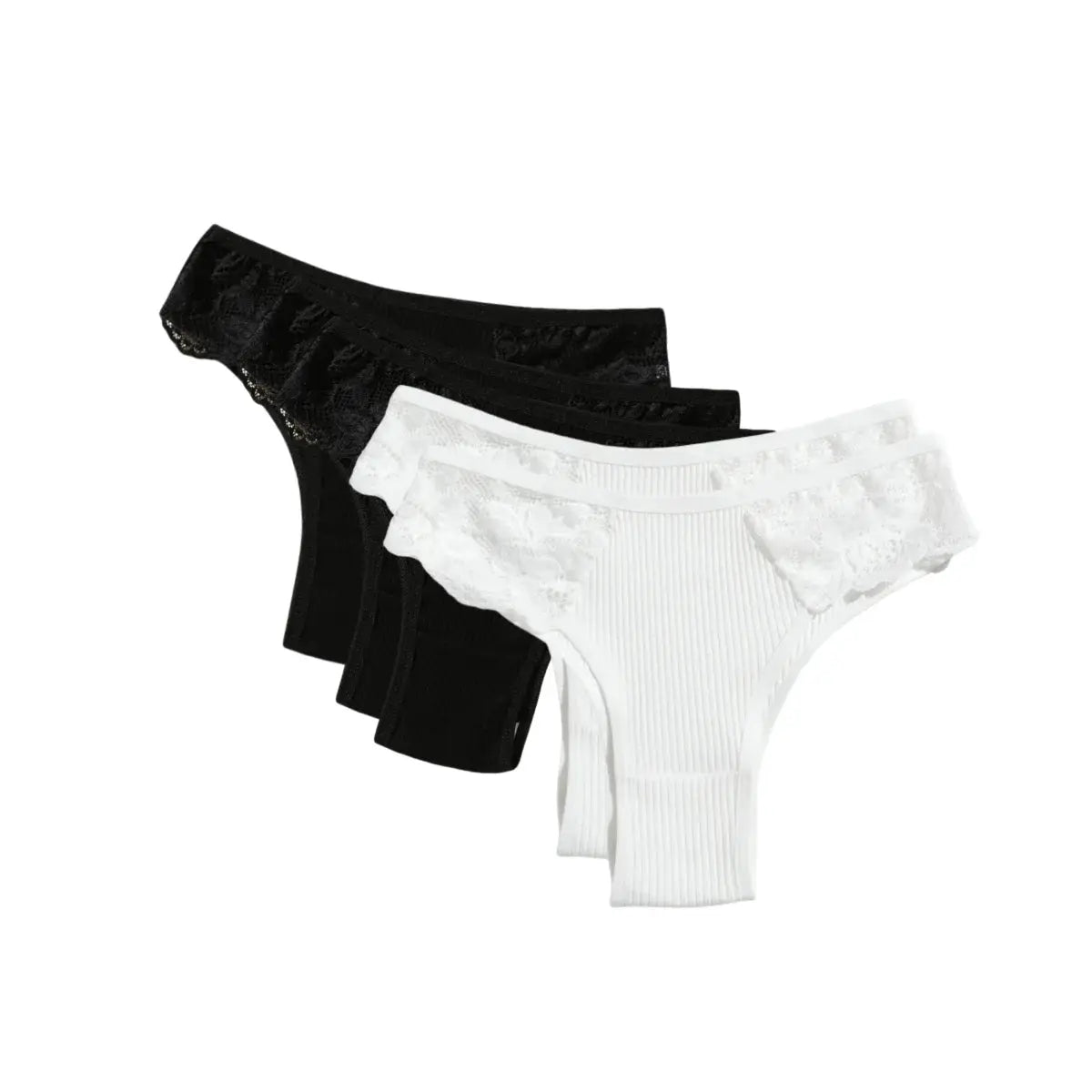 5-piece women's cotton panties set with floral lace side panels and ribbed low-rise briefs in black and white
