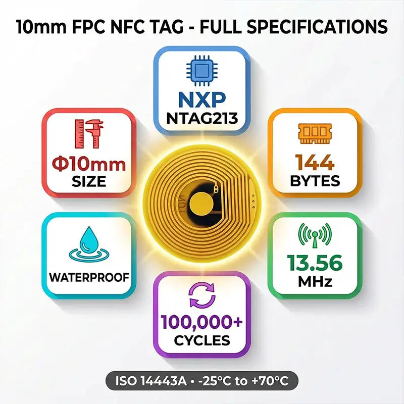 10mm NFC tag card by Simples Market with NXP NTAG213, 13.56 MHz, waterproof, high-temperature, 100,000+ cycles