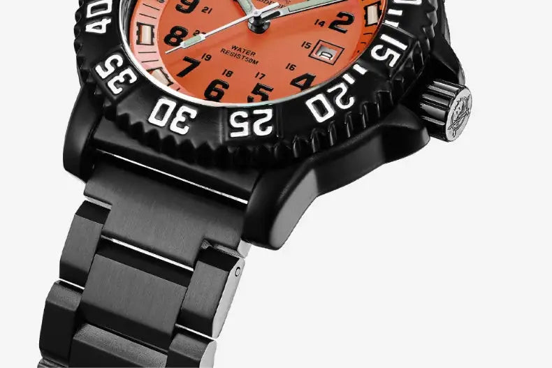 Addies Men military watch by Simples Market with orange dial, black bezel, steel link strap, water resistant
