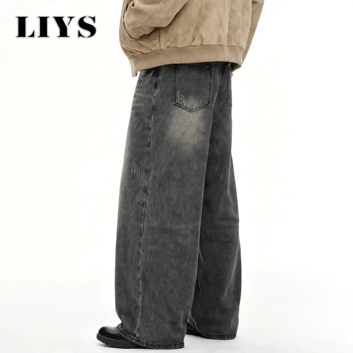 Men's gray baggy wide-leg denim jeans with distressed patches, Simples Market