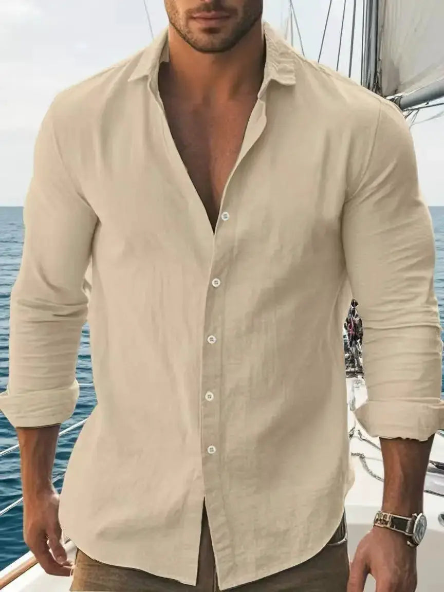 Men's solid cotton long-sleeve shirt beige with classic collar and rolled cuffs