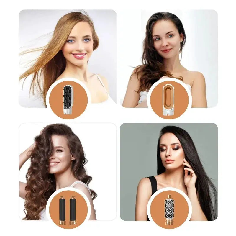 Hair Dryer 5-In-1 electric hair comb kit with removable attachments; collage shows straightening comb, curling brush, and dual heads