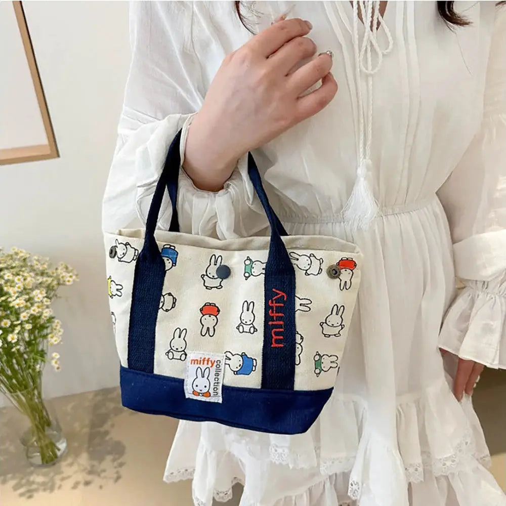 Kawaii Miffy Cute Handbag Cartoon Rabbit Canvas Embroidery Bag Multifunctional Bento Storage For Girls