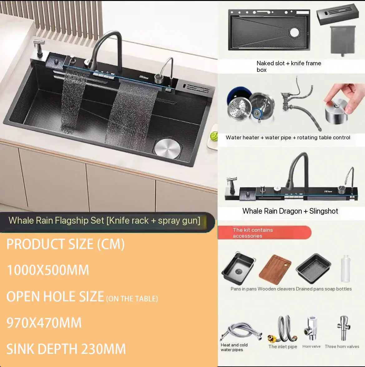 Stainless steel waterfall kitchen sink by Simples Market, embossed large single-slot vegetable basin with left-side drainage