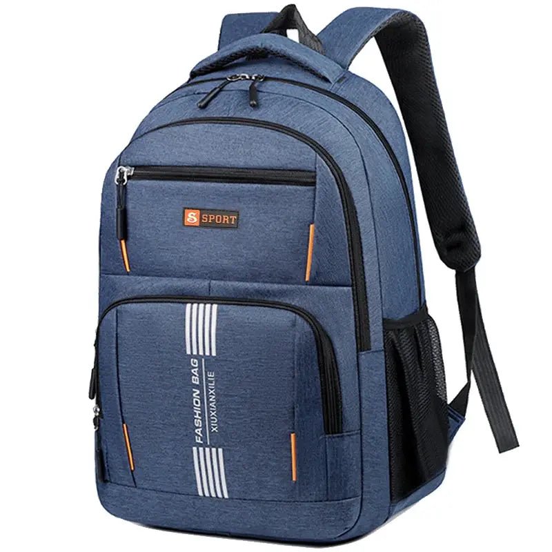 Fashion Minimalist Men’s Rucksack, lightweight blue nylon backpack with multiple storage pockets.