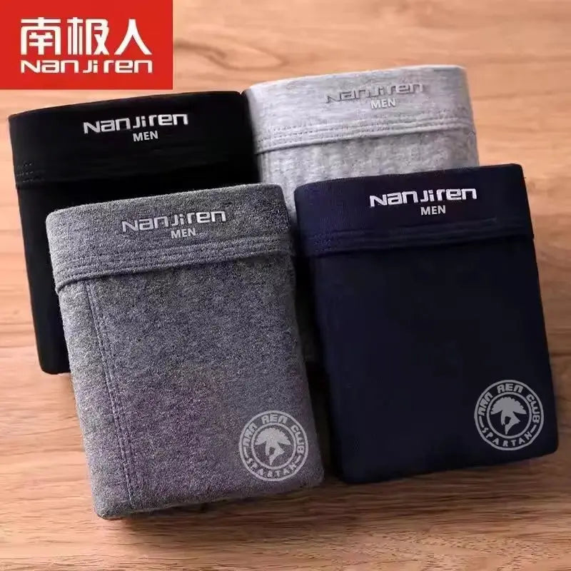 Nanjiren men boxer shorts 4-pack in black, gray, light gray, and navy; waistband logo visible