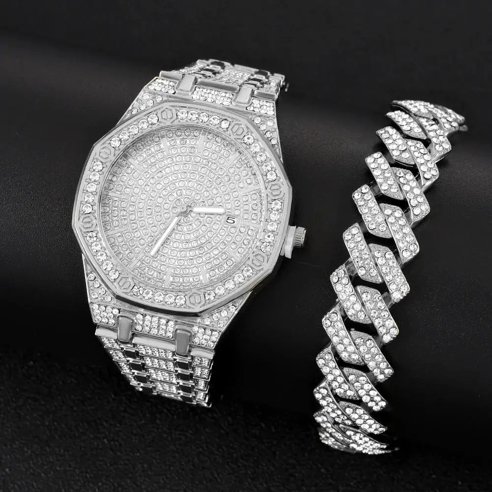 HypeLux Iced Out Mens Gold Watch With 18K Gold Nano Vacuum Plated Finish And Quartz Movement