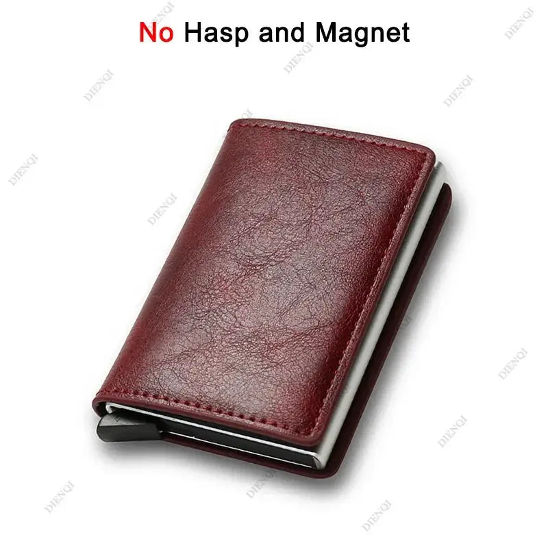 Anti-RFID burgundy leather mini card holder wallet with automatic pop-up card slot