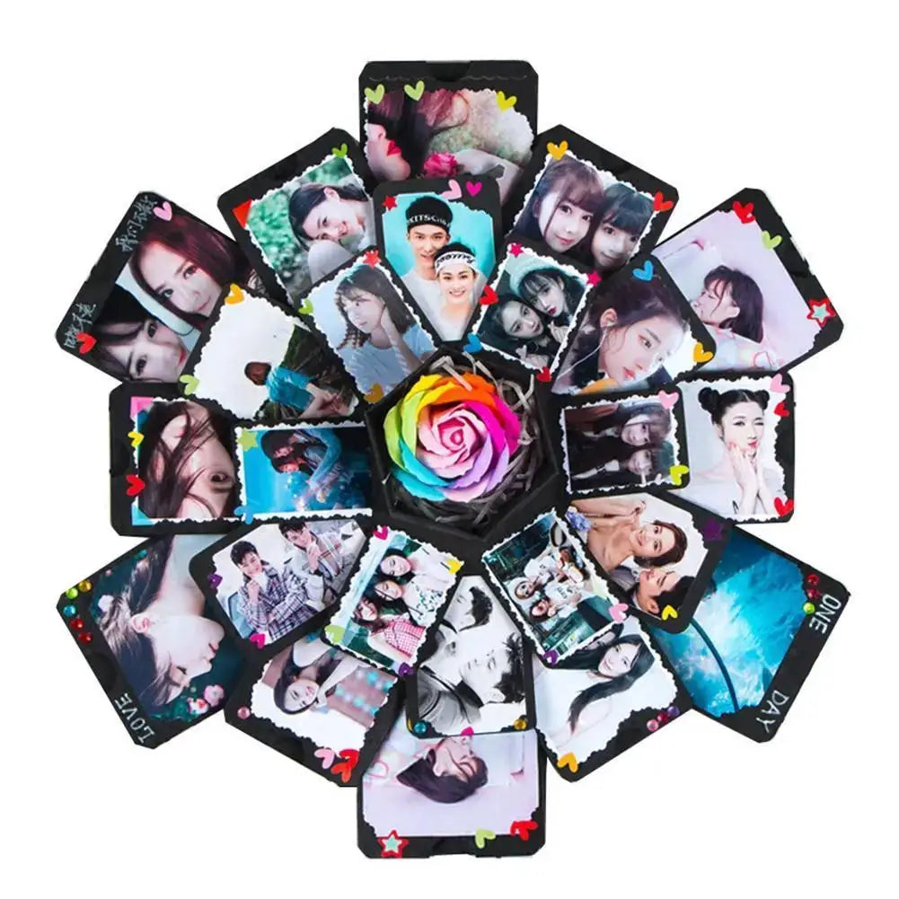 Simples Market DIY Explosion Photo Album Gift Box with 24 photo cards arranged in a floral burst around a rainbow rose center