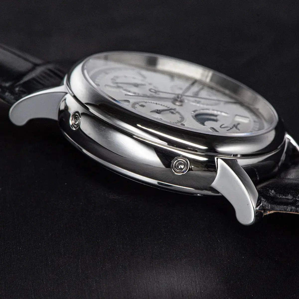 Sugess ST1908 mechanical chronograph watch with moonphase calendar, silver case and black leather strap