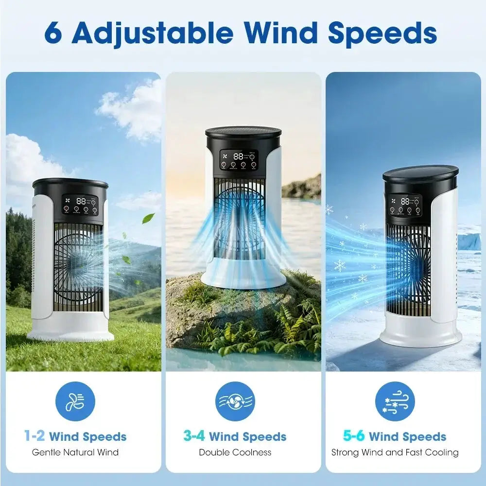 Simples Market portable air conditioner fan with 6 speeds, misting humidifier, LED display, USB desktop cooler.