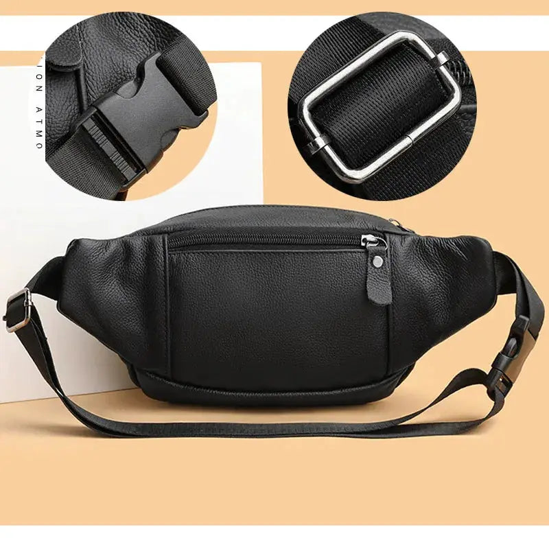 Men's genuine leather fanny pack, black travel waist bag with zip pocket and adjustable strap