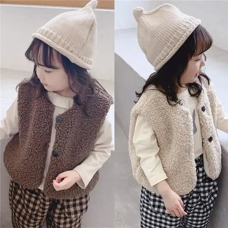 Autumn Winter Baby Lamb Wool Velvet Waistcoat For Girls And Boys Plush Vest Single Breasted V Neck Warm Coat