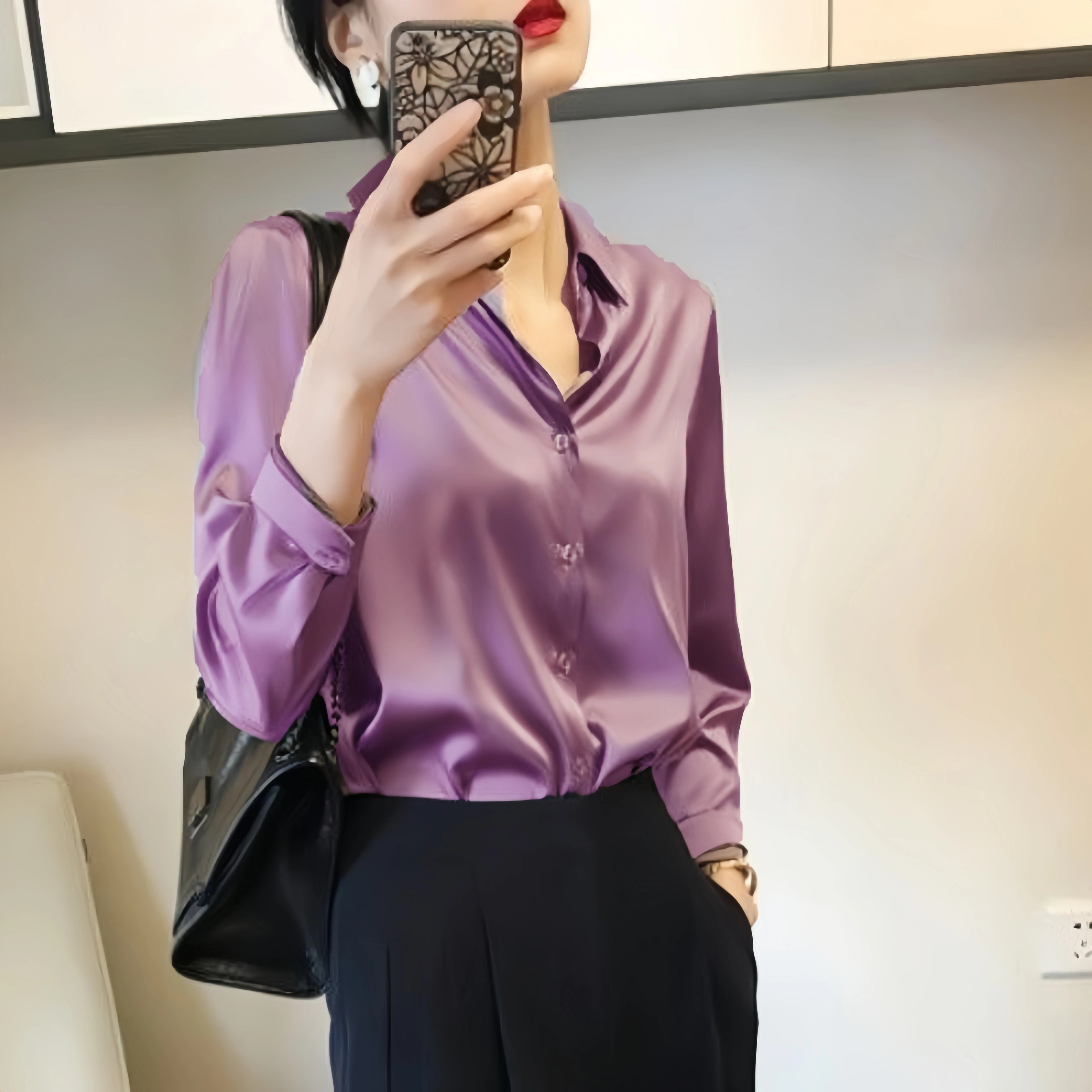 All Match Satin Finish Blouse For Women Turn Down Collar Three Quarter Sleeves Office And Casual Wear