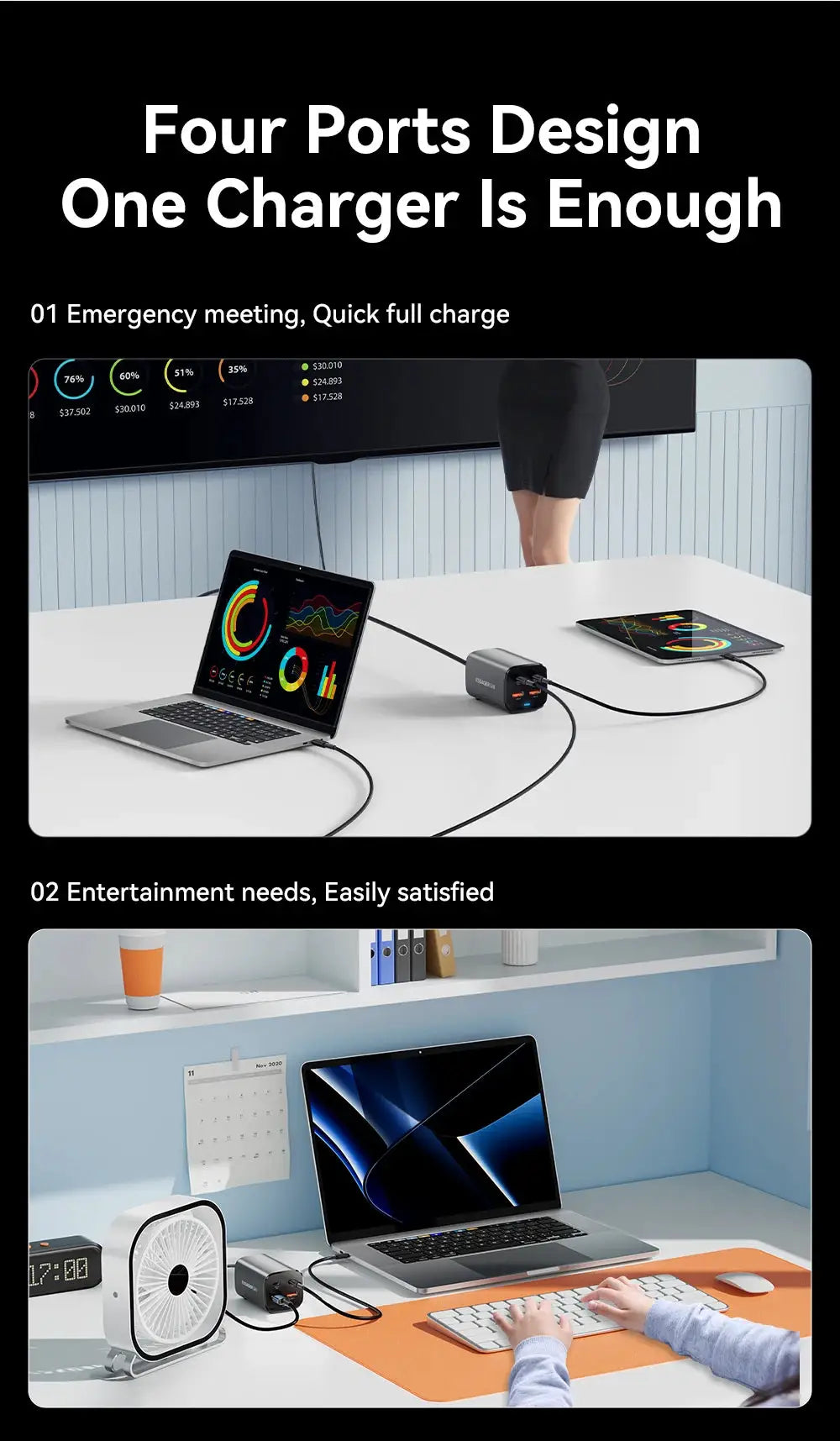 Essager 67W USB-C GaN charger, black four-port desktop charger charging laptop and tablet