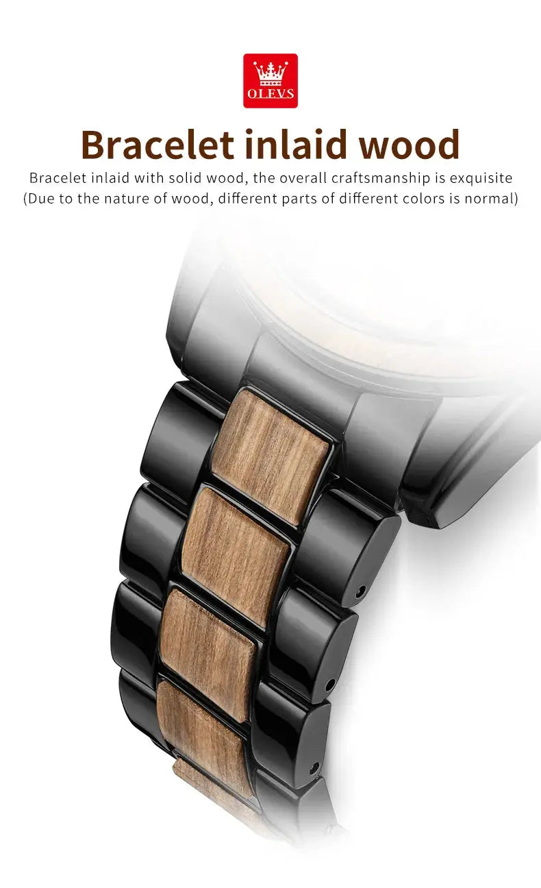 OLEVS men's wristwatch with black metal bracelet and wooden inlaid links