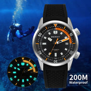 BERNY men's dive watch, 42mm stainless steel case, black dial with orange accents, automatic, 200m water resistant
