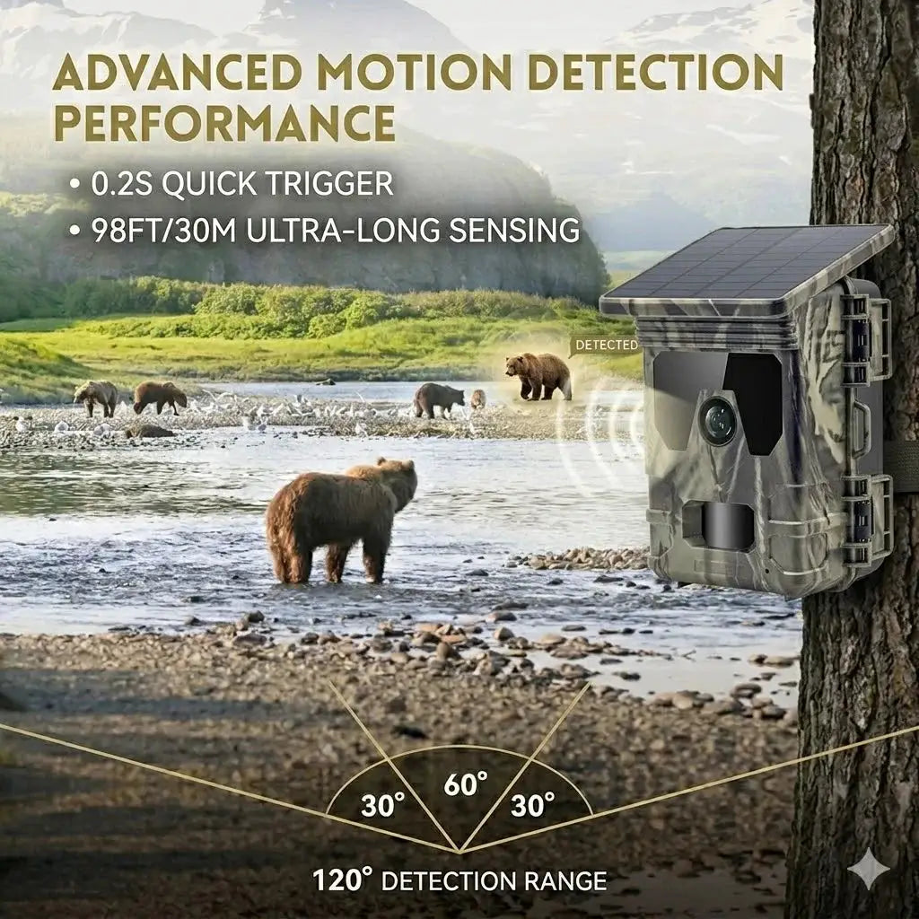 Trail camera by Simples Market, camouflage solar-powered 50MP 4K video with night vision, tree-mounted
