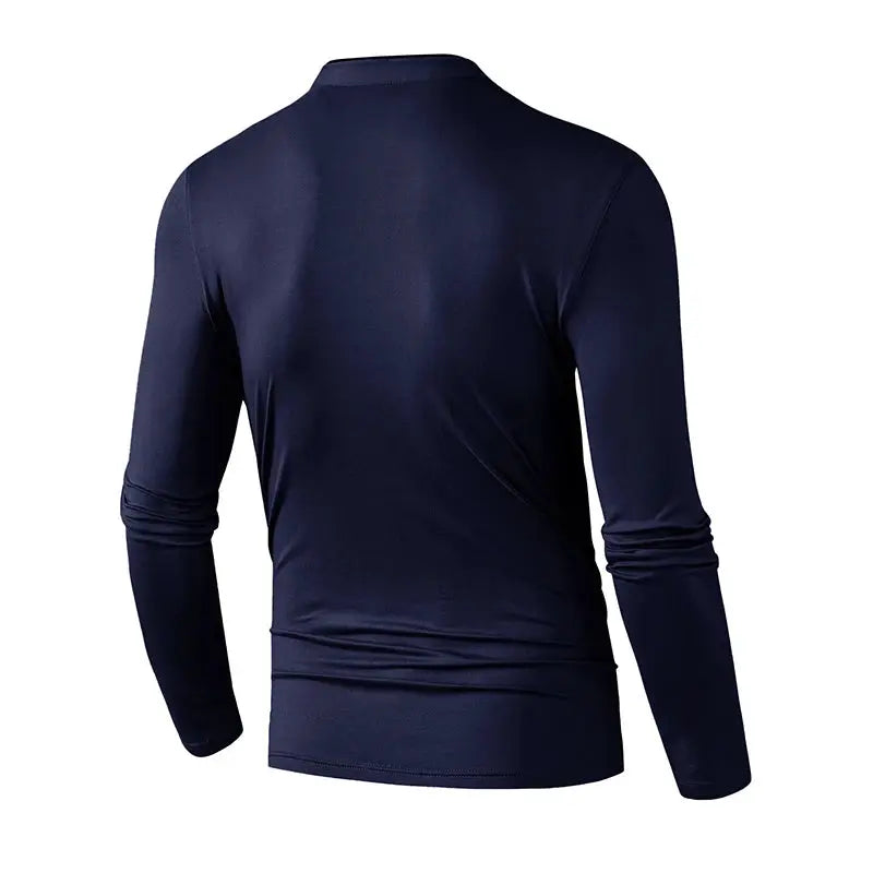 Navy blue men's stand-collar long-sleeve slim-fit pull-over shirt.