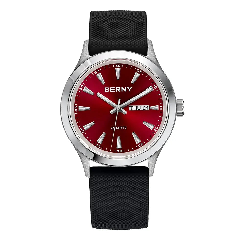 BERNY men's quartz wristwatch with red dial, stainless steel case and black textured strap