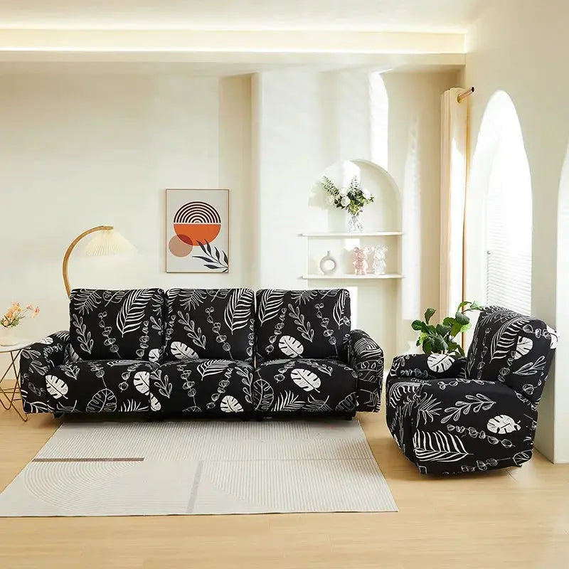 Elastic recliner sofa cover by Simples Market in black with white botanical print for living room sofa and armchair.