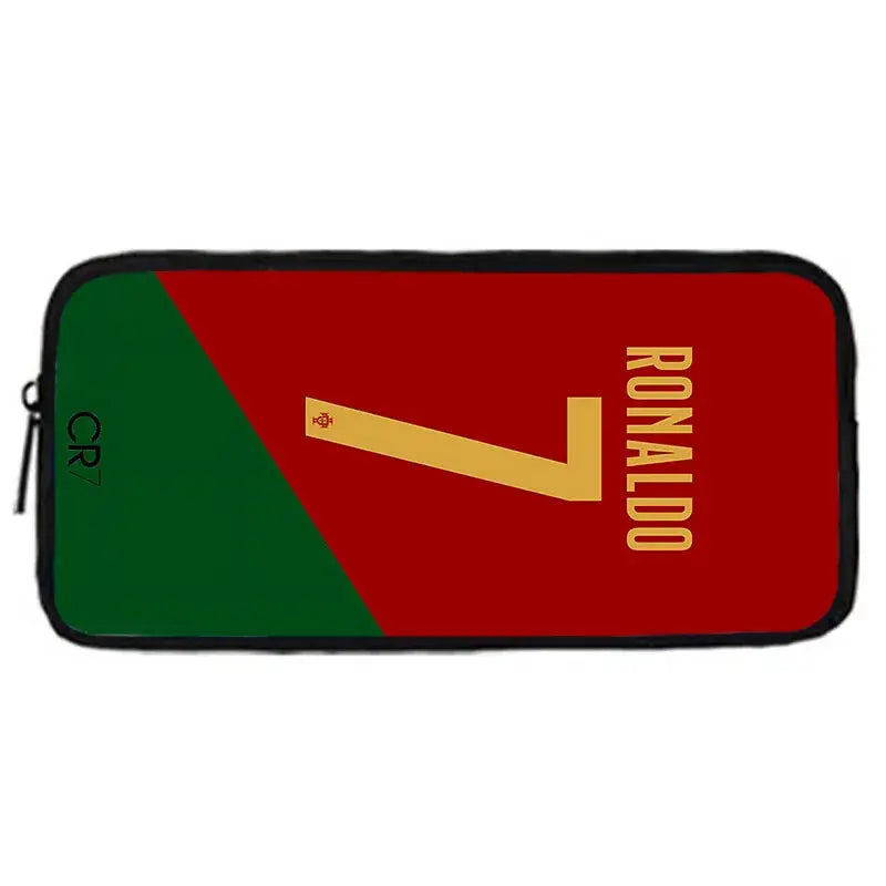 CR7 Ronaldo pencil bag with red body and green panel, gold number 7