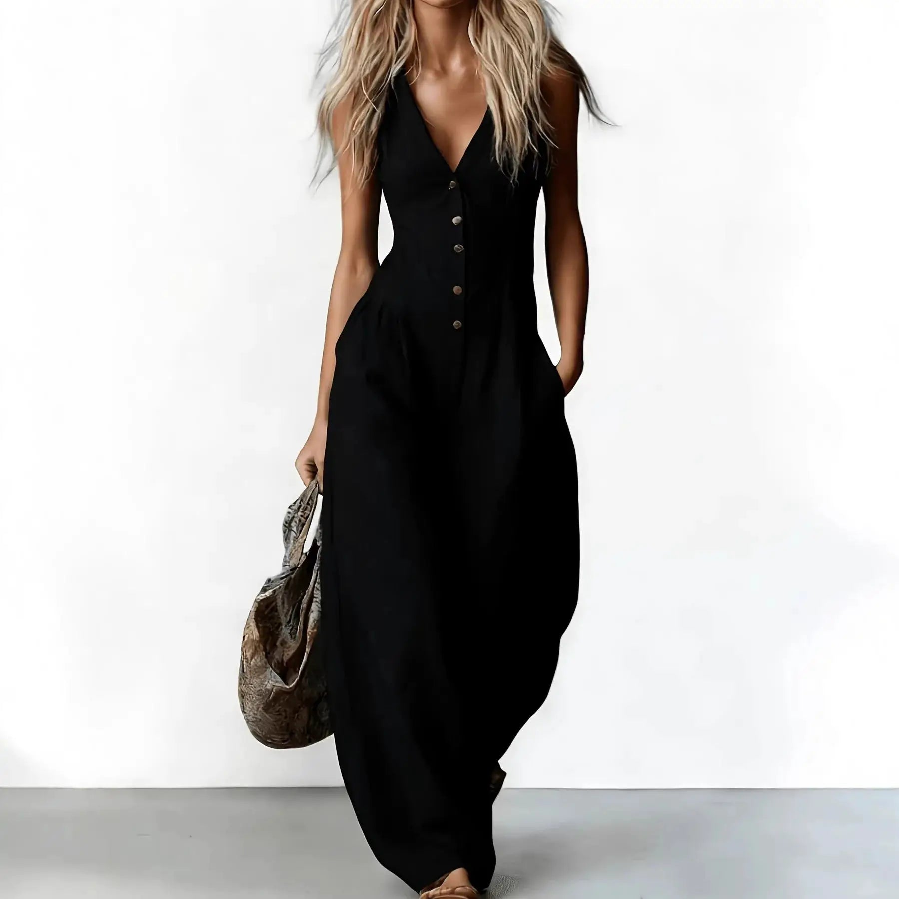 Sleeveless black jumpsuit with V-neck, front button placket and pockets by Simples Market