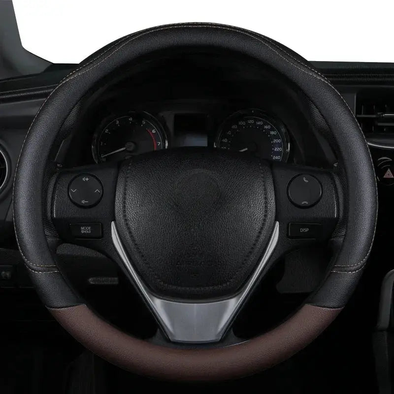 Steering wheel cover, PU leather splicing, black and brown two-tone, anti-slip universal fit