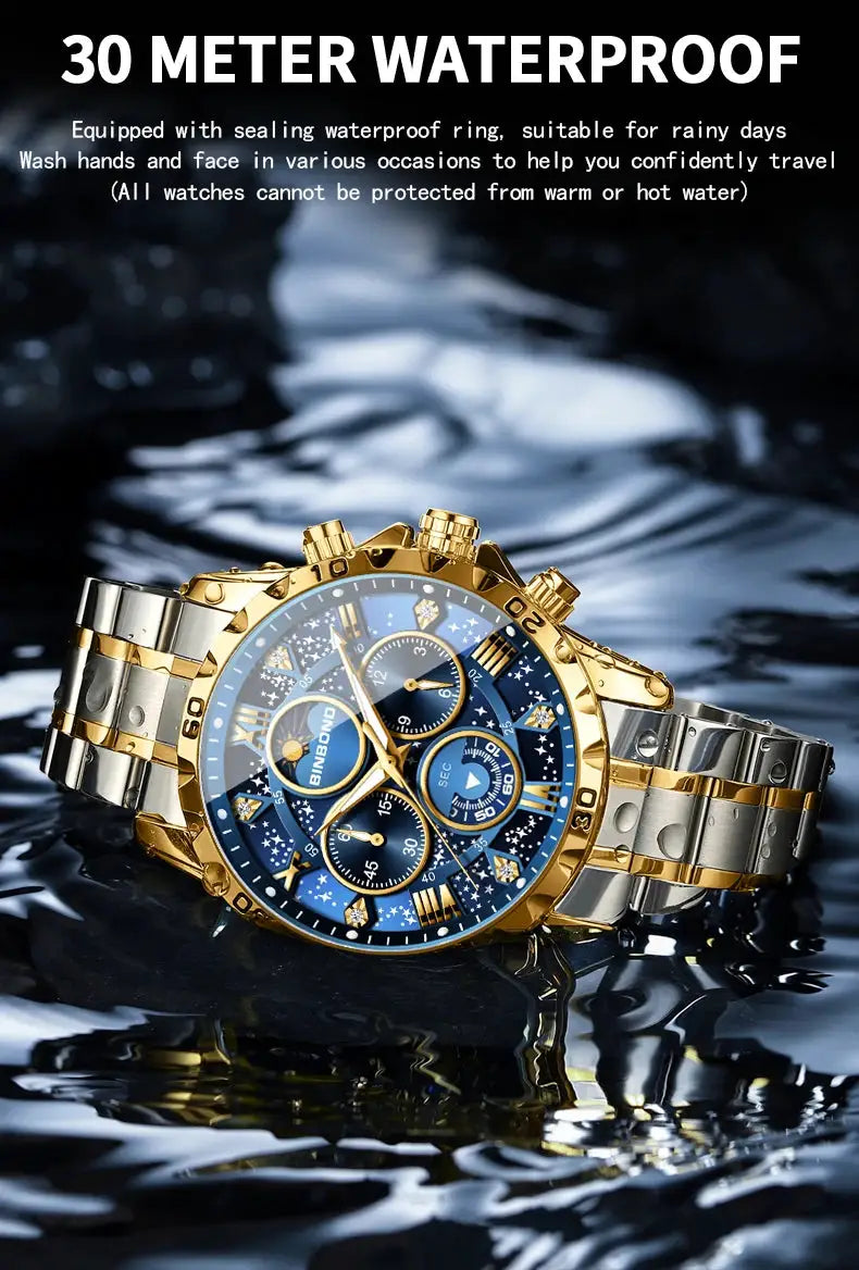 BINBOND men's luxury quartz chronograph watch with blue dial and gold-silver stainless steel band
